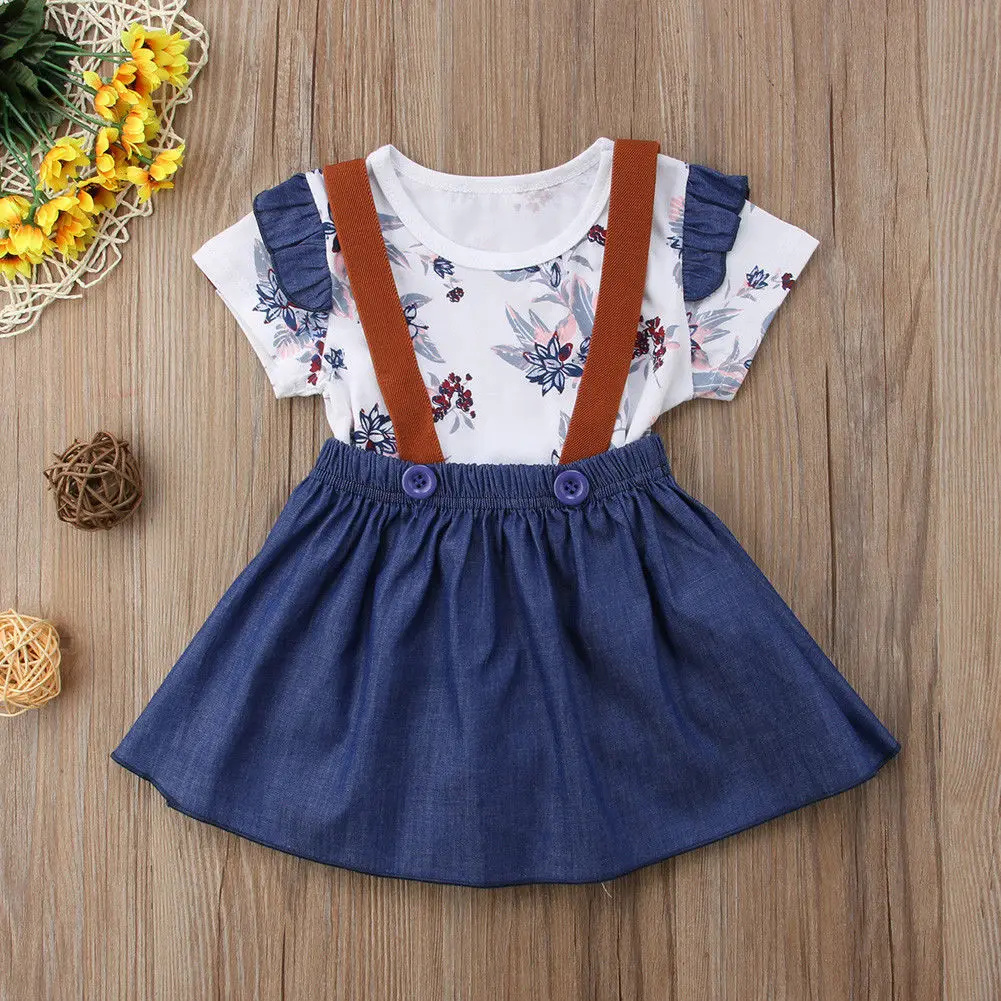 Cute Infant Newborn Baby Girls Romper Playsuit Jumpsuit+Denim Skirt