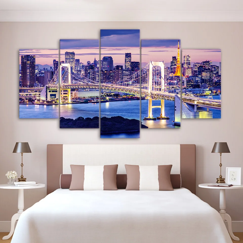 

Canvas Painting Framework Home Decor Modular Wall Art 5 Pieces Rainbow Bridge Tokyo Night Painting Pictures Living Room Posters
