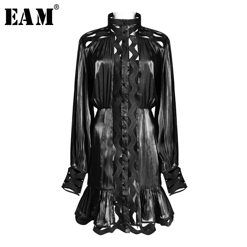 

[EAM] 2019 New Autumn Winter Stand Collar Long Sleeve Black Loose Hem Ruffles Stitch Two Piece Dress Women Fashion Tide JO609