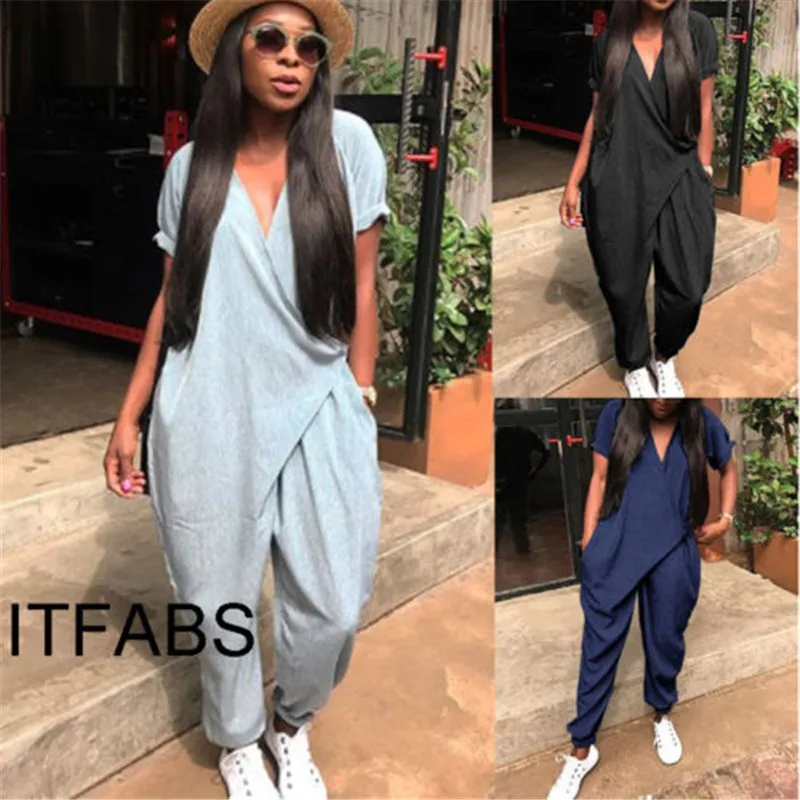 

Women Clubwear For Female Playsuit Solid Casual Short Sleeve Party Jumpsuit Ankle Length Romper Trousers Pants 2018
