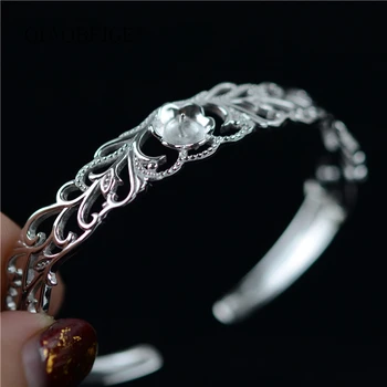 

QIAOBEIGE 1pc/lot 925 Sterling Silver Accessory for diy Women adjustable Open Cuff Bangle Luxury pearl Jewelry Rough vintage