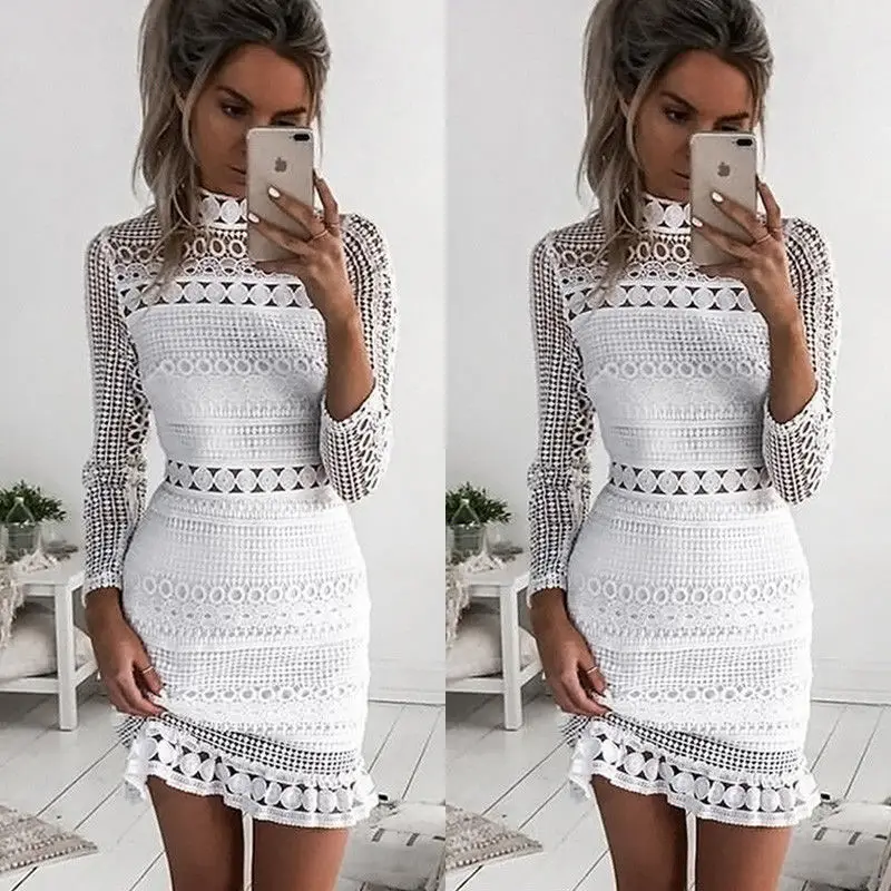 

2019 Fashion Women Ladies Lace Long Sleeve Solid Party Dresses Mini Skater Dress Hollow Out Perspective Dress