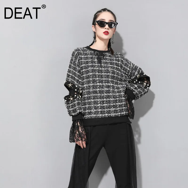 

[DEAT] 2019 New Autumn Winter Round Neck Long Sleeve Green Plaid Hollow Out Lace Stitch Loose T-shirt Women Fashion Tide JQ62