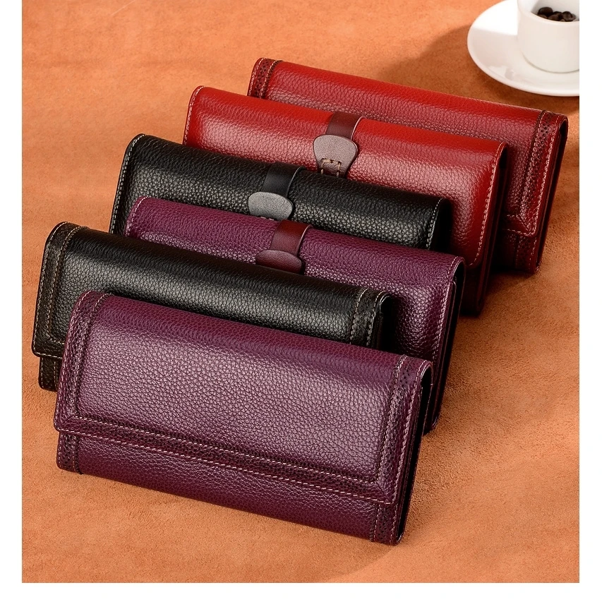 

Ladies Leather Buckle Clutch Bag Wallet Card Package Fold Top Layer Leather Wallet Multi-Function Large Capacity Two Fold Wal