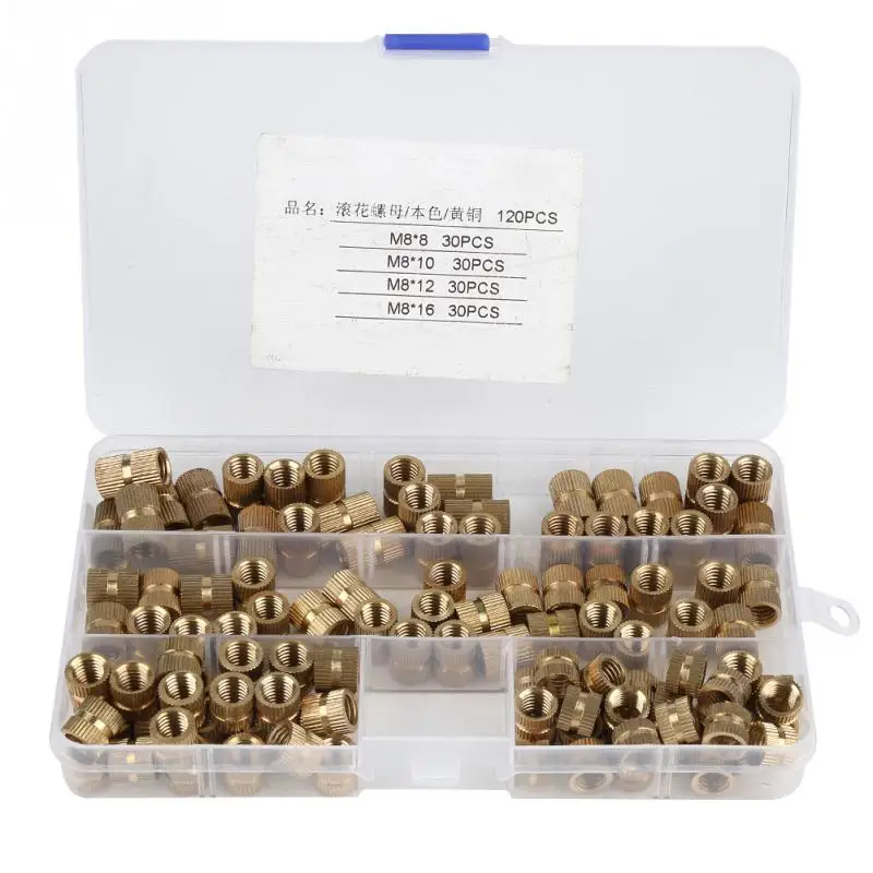 120pcs M8 Brass Cylinder Knurled Nuts Threaded Round Insert Embedded