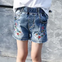 Шорты для маленьких девочек, джинсы, лето, детские шорты с цветочной вышивкой, детские джинсовые шорты для девочек, одежда для маленьких девочек