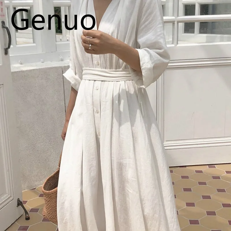 

Korean Women Casual Dress Solid Ankle-Length Autumn Party Dress Vestidos Cute Clothing Office Lady Fold Loose Belt Dress