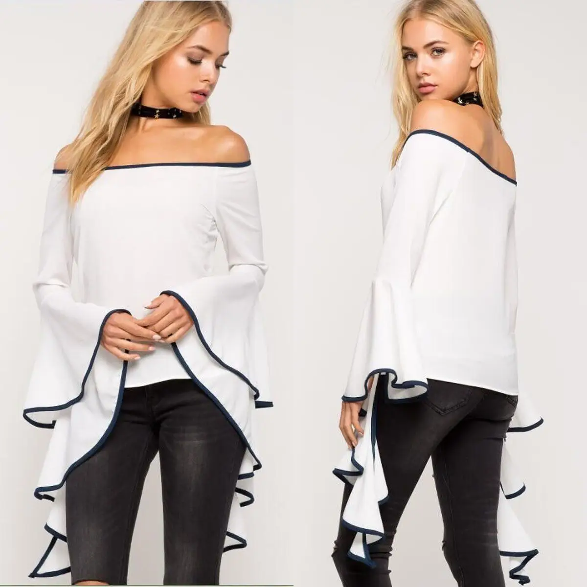 

Fashion Women Off Shoulder Long Flare Sleeve Shirt Casual Blouse Tops Loose Clothing 2018 Brand Shoulderless Solid Clothes