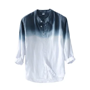 

#4725 Summer 2019 Casual Linen Shirt For Man Long Sleeve Stand Collar Gradual Color Casual Plain Men Linen Shirts Thin XXXL