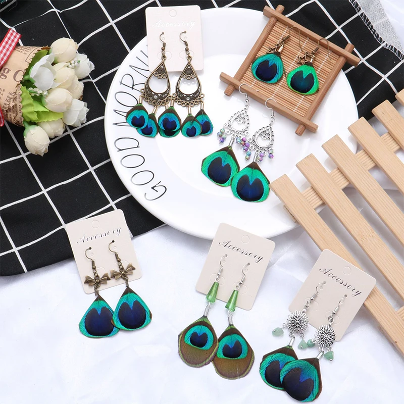 

Sale 1Pair Exquisite Boho Ethnic Natural Peacock Feather Drop Earrings Graceful Gifts
