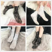 Новинка, женские носки, женские прозрачные кружевные носки с цветочным принтом, сетчатые носки с бантом, черные сетчатые кружевные носки с цветочным узором, эластичные чулочно-носочные изделия