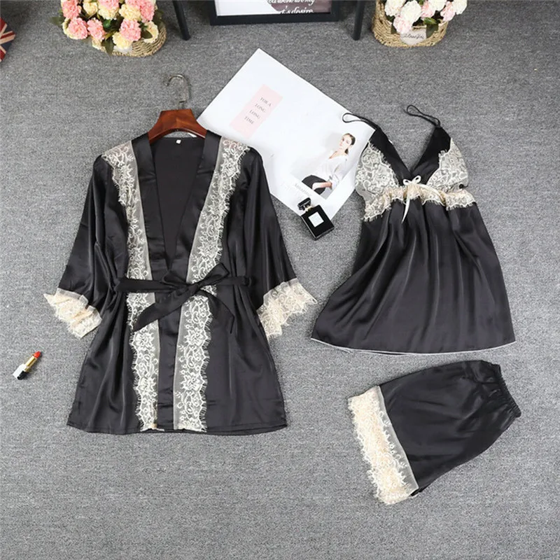 Осенний пижамный комплект из 3 предметов, женская сексуальная пижама, ночное белье для женщин с кружевным ремешком, ночное женское белье, комплект
