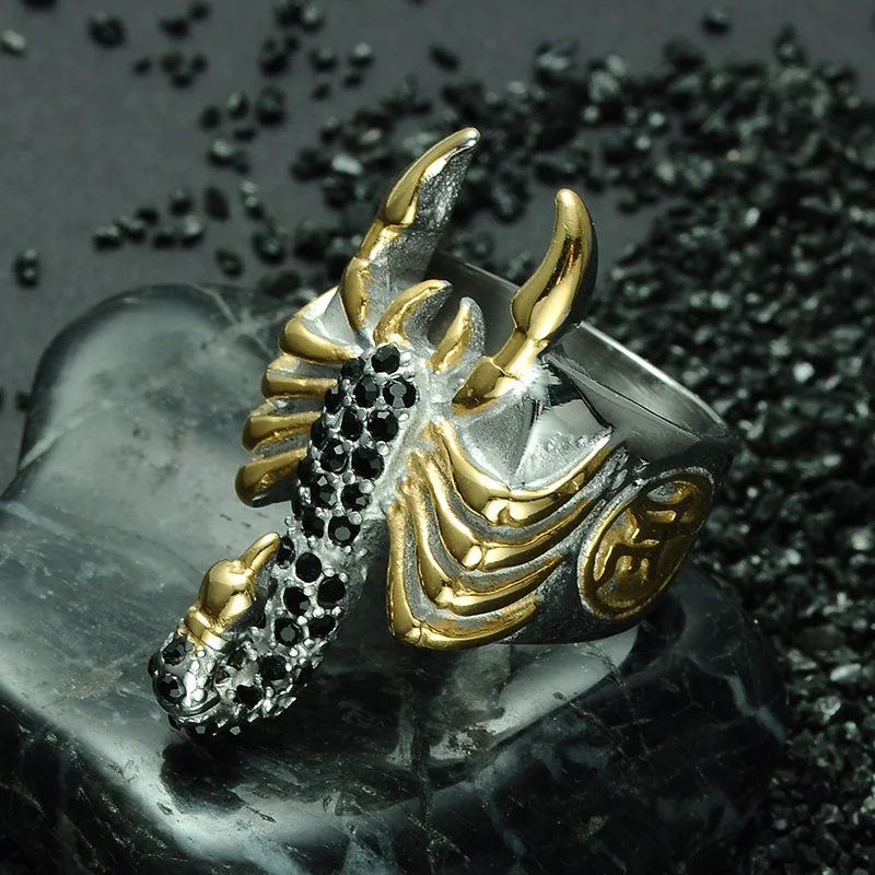 Паве черный+ золото нержавеющая сталь Байкер кольцо со скорпионом для мужчин ювелирные изделия