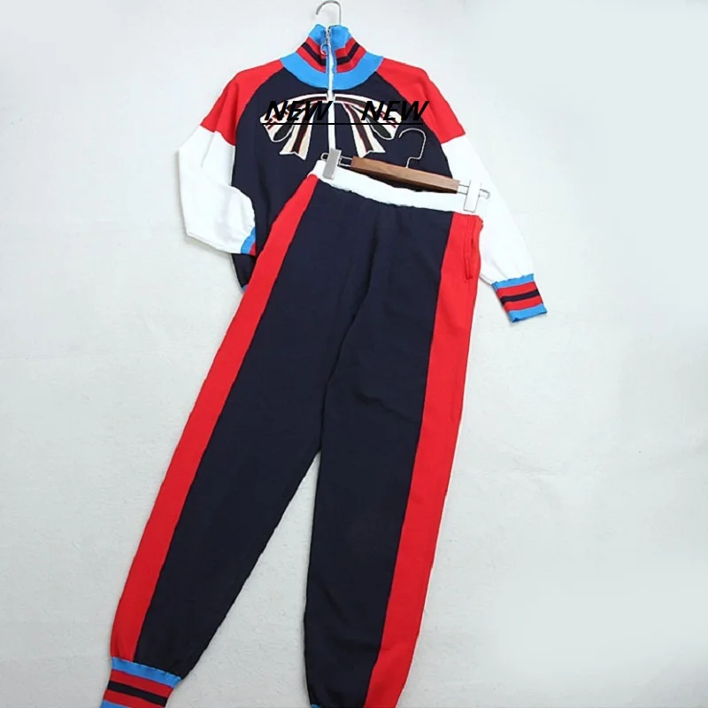

Runway Harajuku Knitted 2 Piece Set Fashion Color Block Bow Stripes Zipper Jacket Long Harem Pants Suit Casual 2019 Women's Suit