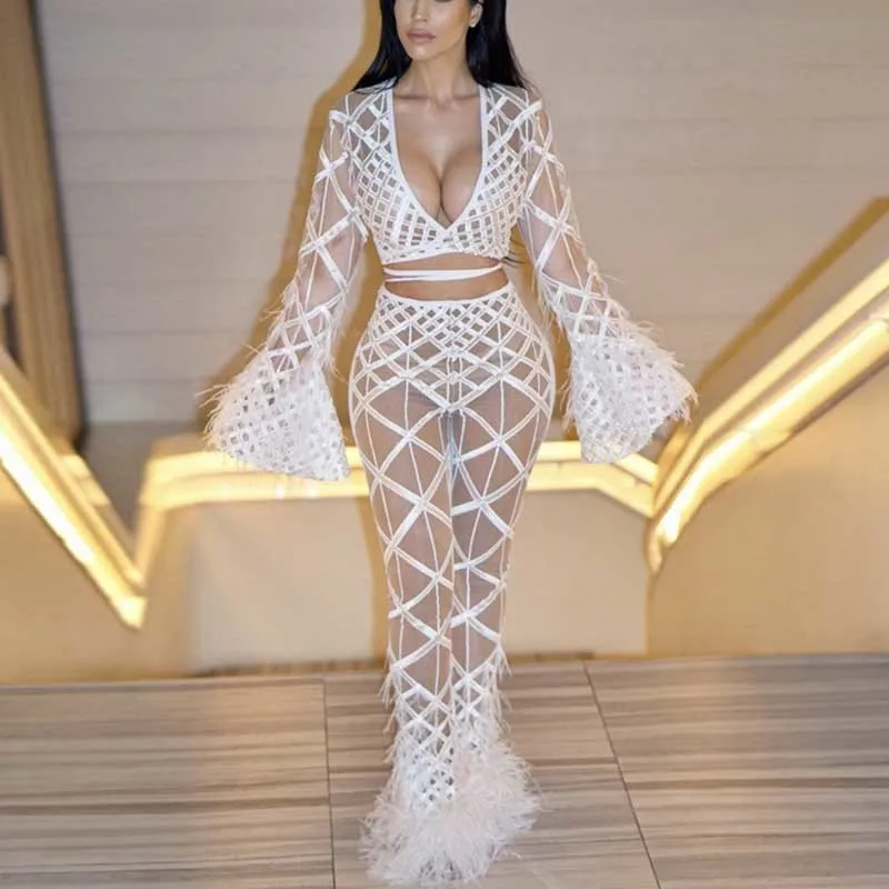 

2018 WINTER Sexy Deep V Sequined Long Sleeve Female Elegant Ovaralls Two Piece Set See Through Jumpsuit