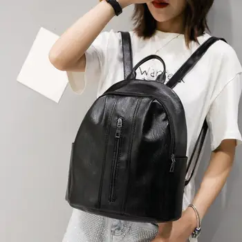 

Solid Color Travel Backpacks Women Leather Preppy Style Shoulder Knapsack