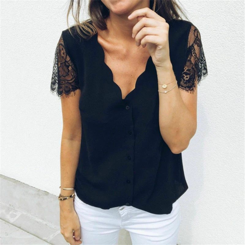

Solid Black White Blusa Fashion Women Ladies V Neck Lace short Sleeve Shirt Blouses Top Women Summer Casual Blouse Hot Sale