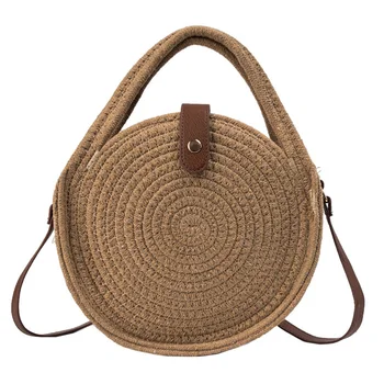 

Handmade Rattan Women Round Lady'S Handbag Straw Knit Summer Beach Bag Woman Shoulder Messenger Bag