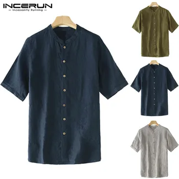 

INCERUN Casual Brand Shirt Men Cotton Vintage Short Sleeve Retro Solid Camisa Masculina Leisure Men Shirts Tops Plus Size Summer