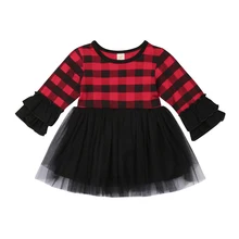 Focusnorm/платье для маленьких девочек платье-пачка из тюля в клетку с длинными рукавами праздничное Пышное Кружевное платье-пачка принцессы с оборками