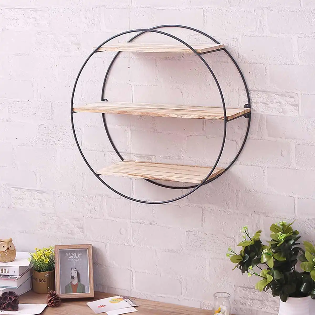 

Round Wall Unit Retro Industrial Style Wood Metal Wall Shelf Rack Storage Decoration Home Decor