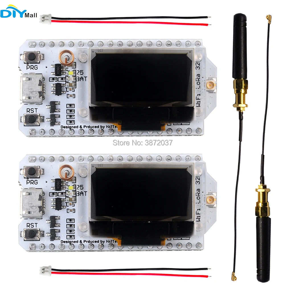 

2pcs 0.96" OLED Display Module ESP32 WIFI Bluetooth Transceiver SX1276 Lora Module IOT 868/915MHz with Antenna JST Con