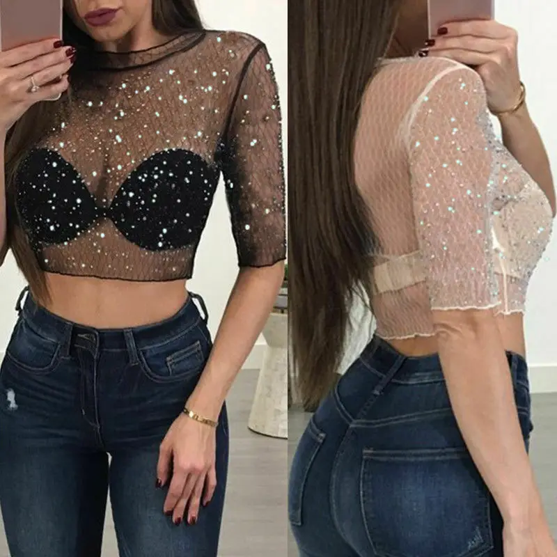 

New Fashion Women Casual Flower Transparent Mesh Sheer Crop Top T-Shirt Tee Tops