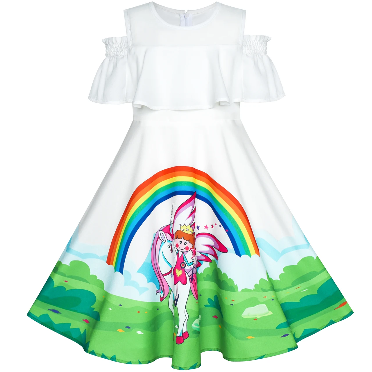 Girls Dress Unicorn Rainbow Cold Shoulder Halloween Costume 2020 Summer Princess Wedding Party Dresses Children Clothes Pageant | Детская