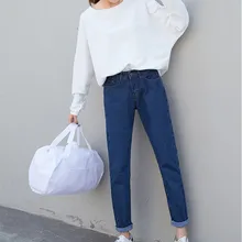 Новинка, женские длинные прямые джинсы в винтажном стиле размера плюс с карманами, штаны с высокой талией, одноцветные повседневные джинсовые брюки