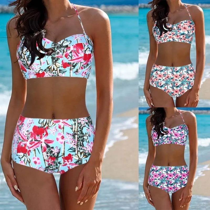 

Minimalism Le Halter Top Push Up Print High Waist Bikini Floral Plus Size Bikini Set 2019 New Style Swimsuit Women Swimwear XXL