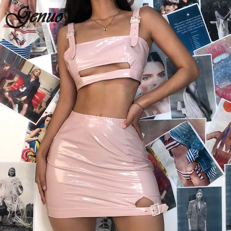 

Genuo 2019 Women Sexy Hollow Out Leather Skirt Set Rhinestone Mini Cropped Tanks Booty Skirts Ladies 2 Pieces Set