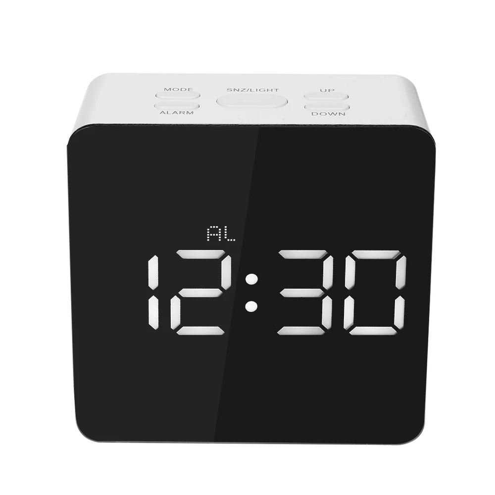 

DECDEAL Digital LED Mirror Clock 12H/24H Alarm and Snooze Function °C/°F Indoor Thermometer Adjustable LED Luminance Clock