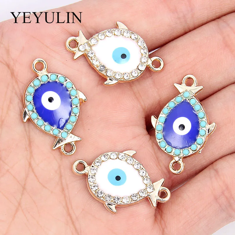 

10 Pcs Blue White Acrylic Fish With Evil Eye Shape Alloy Connectors Bracelet Charm For Making Pendant Necklace Jewelry Findings