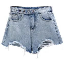 Модные джинсовые мини-шорты 2019 летние Для женщин Винтаж Высокая Талия Джинсовые шорты джинсы с потертостями и дырками женский мыть шорты