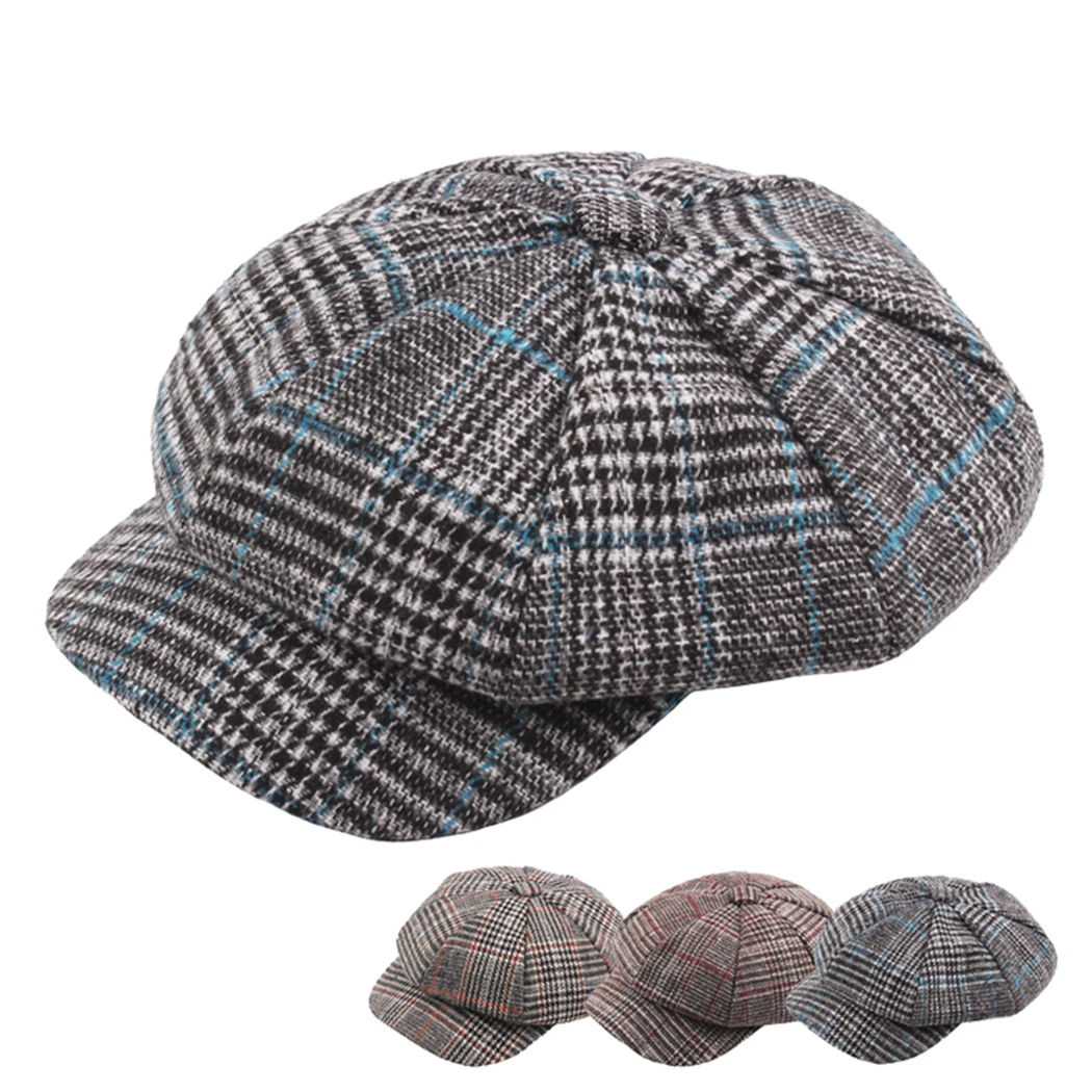 Vintage Plaid Beret Women Wool Knitted Hats Winter Spring Fashion