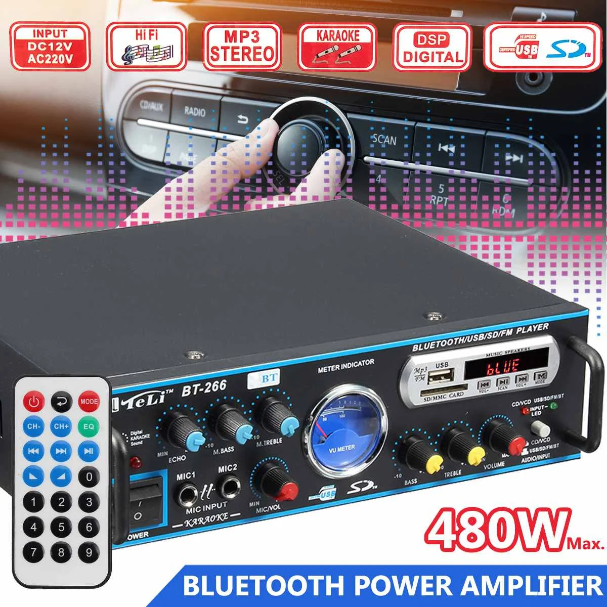 

480W 2CH HIFI bluetooth Audio Car Amplifier FM Radio Stereo Home Theater Amplifiers Karaoke Music Player with Remote Control
