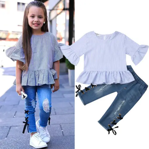 

Toddler Kids Baby Girl Striped Blue Half Sleeves Tops Shirt Ripped Denim Pants Set Outfit Summer Clothes