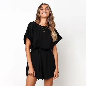

2019 New Arrival Women Simple Casual O-Neck Playsuit Female Solid Loose Short Sleeve Jumpsuit