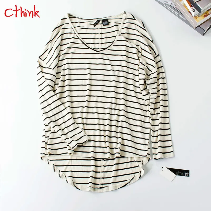 

Spring 2019 Thin Big Stretch Knitted T Shirt Women Fashion Asymmetry V Neck Solid Striped Pullovers Tshirt Good Womens T-shirts