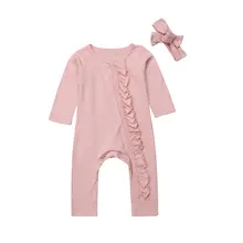 Одежда для малышей; комбинезон для новорожденного, для малыша, Детская осенняя футболка с длинными рукавами с оборками, хлопковое Повседневное платье Детский комбинезон с повязкой-бантом наряд пижамы, одежда
