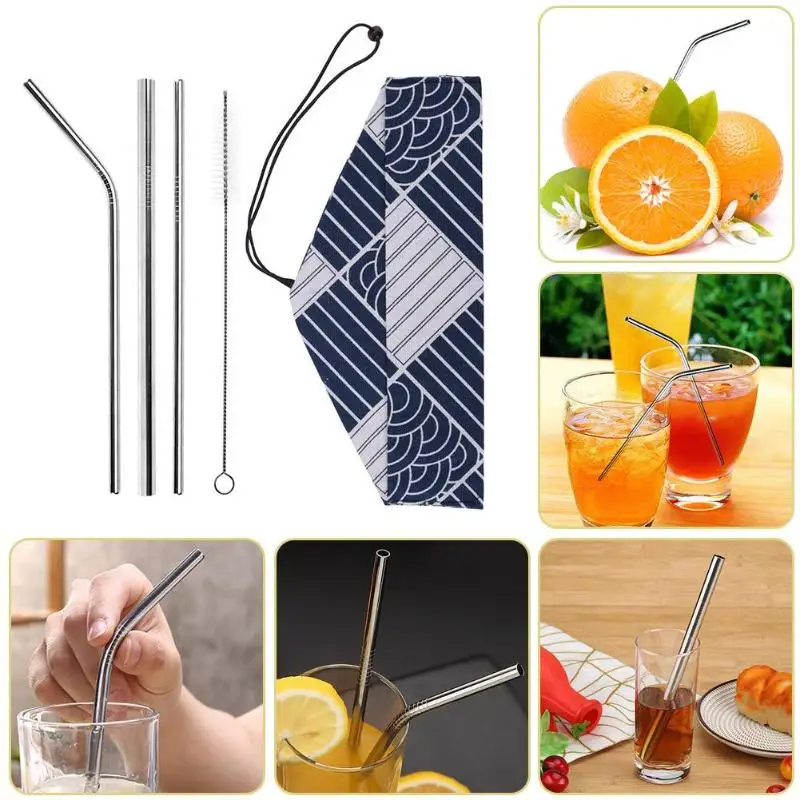 

5pcs/Set Reusable Stainless Steel Straight Bent Straws+Cleaning Brush Set