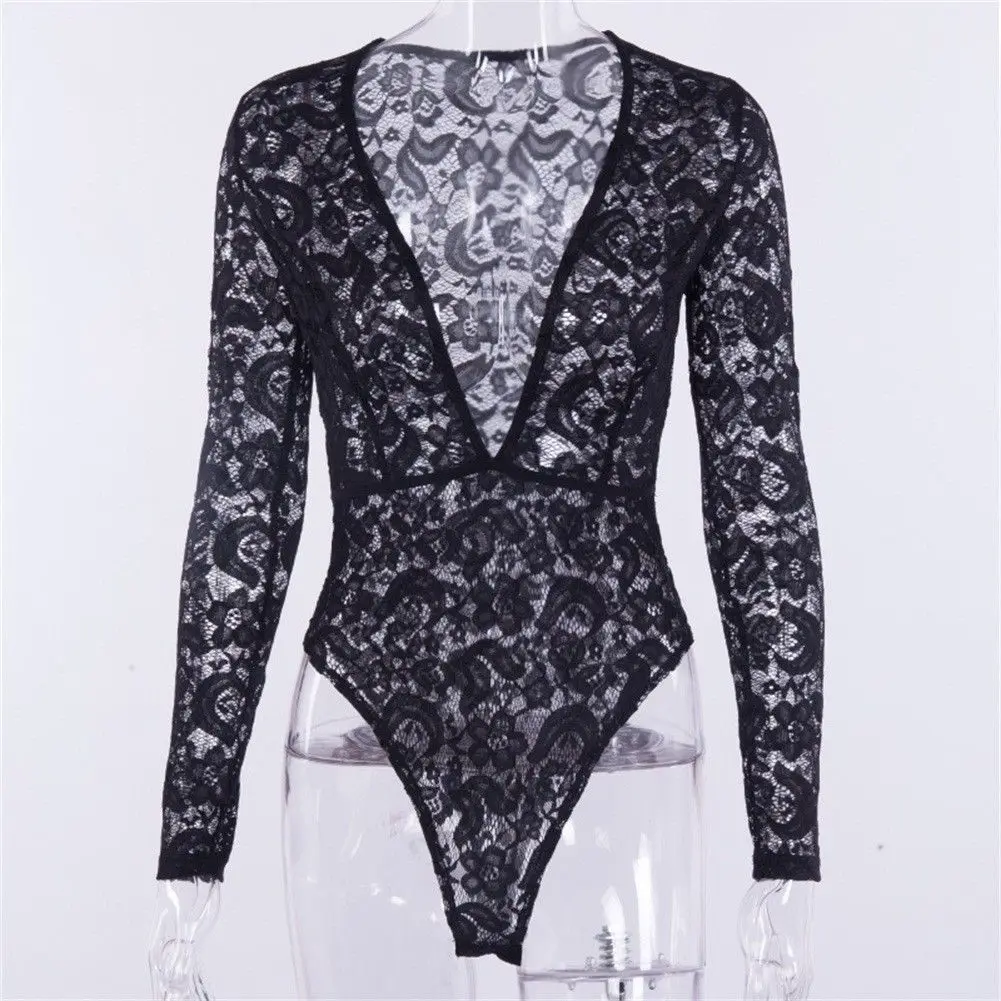 

Transparent Floral Lace Hollow Out Sexy Jumpsuit Romper For Women Deep V-Neck Long Sleeve Mesh Stretch Bandage Bodysuit Clubwear