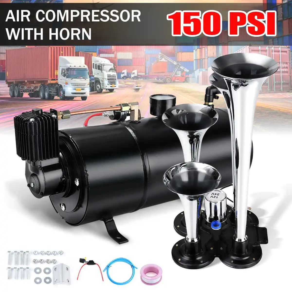 

3 Liter 150 PSI Air Horn 150 BD 12V Air Compressor and 4 Trumpet Chrome for Train Truck High Pressure Air