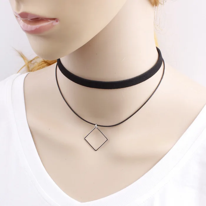 New Pattern Korean Restore Ancient Ways Concise Suede Leather Maɺm Multi-storey Clavicle Chain Geometry Pendeloque Cut Necklace |