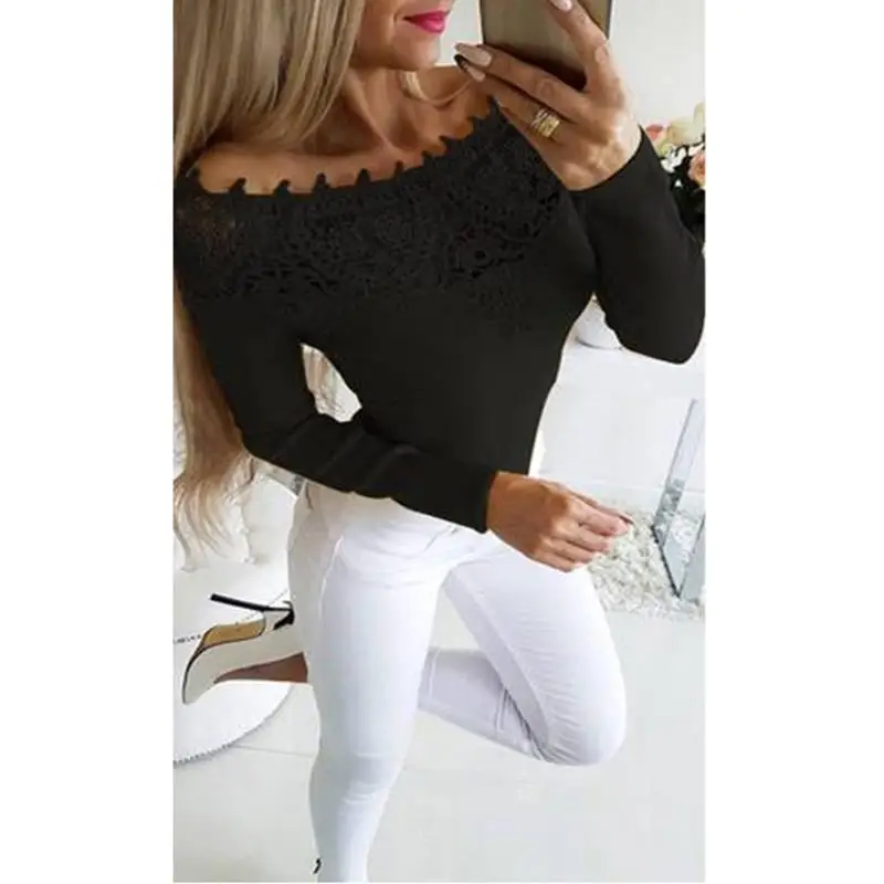 

2019 Fashion T-Shirt Women Lace Mesh Neck Slim Pullover Long Sleeve T Shirt Off Shoulder Knitting Casual Tops TShirt SJ2267X