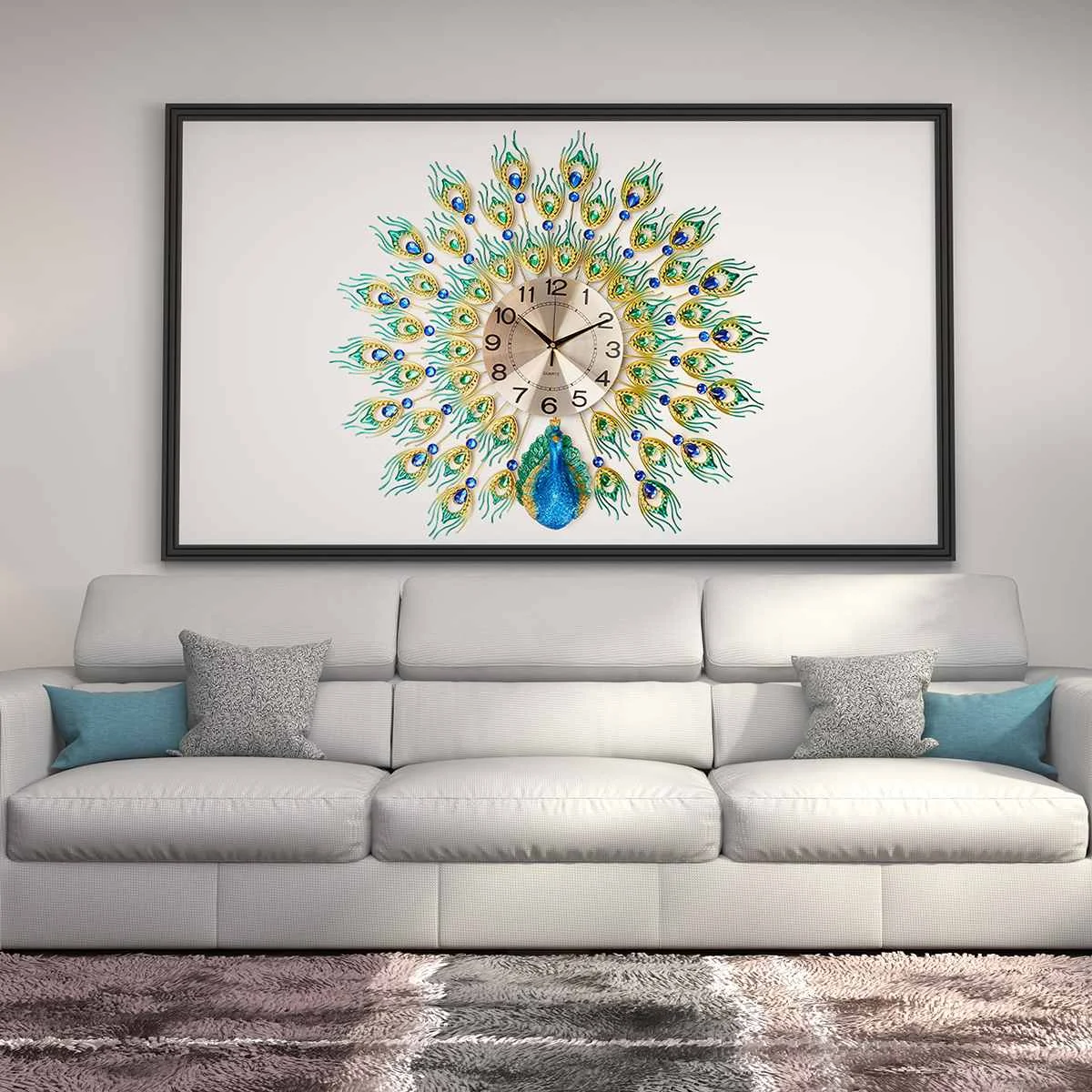 

DIY 3D Large Peacock Wall Clock Metal Crystal Diamond Clocks Watch Ornaments Home Living Room Decoration Crafts Gift 70x70x4.5cm