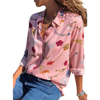 

2019 Summer New Women Long Sleeve Fashion Floral Printed Chiffon Tops Blouses Striped Casual Loose Chiffon Shirts Blusas