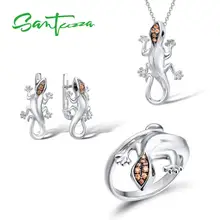 SANTUZZA, серебряная ящерица, ювелирный набор для женщин, 925 пробы, серебро, шампанское, CZ, кольцо, серьги, кулон, набор, вечерние ювелирные изделия