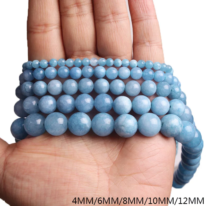 Натуральный камень, голубой аквамарин, круглые бусины Angelite, гладкие, сделай сам, для браслета, ожерелья, изготовления ювелирных изделий, 4, 6, 8, 10, 12 мм