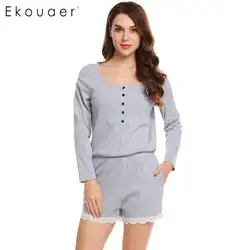 Ekouaer Для женщин мягкая одежда для сна Oneises пижамный комплект с длинным рукавом кружевной отделкой Повседневное Кнопка Пижама с карманом